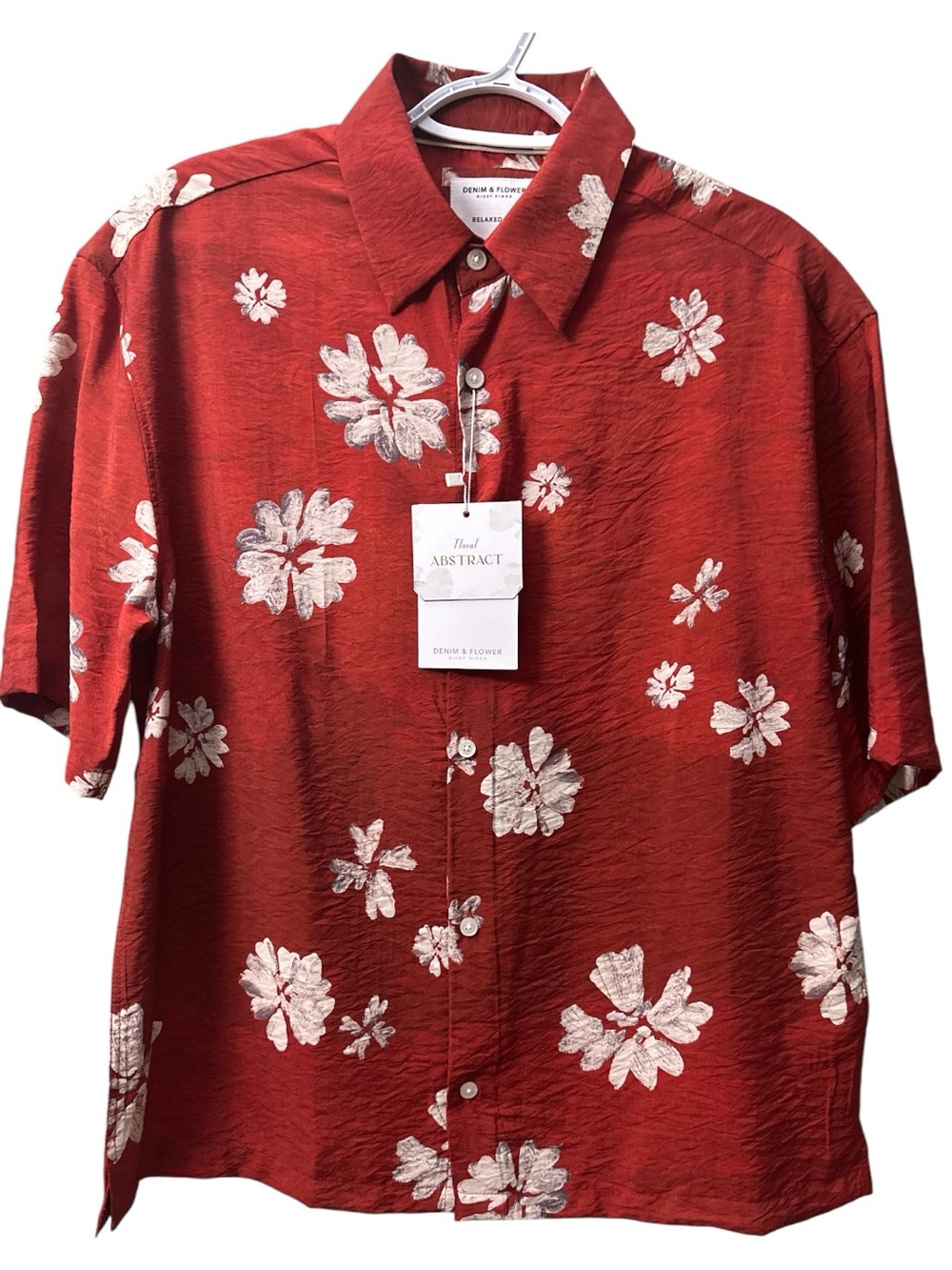 Denim & Flower Rust Red Floral Abstract Short-Sleeve Button-Down Shirt Size M